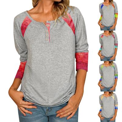 Женская повседневная футболка с v-образным вырезом и коротким рукавом с цветочным принтом и декоративными пуговицами, топ