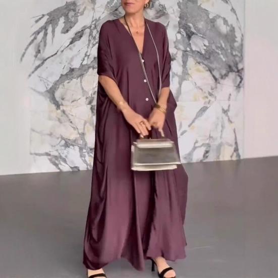 Женское макси-платье с V-образным вырезом, застегивающимся на пуговицы, рукавами «летучая мышь», платье-рубашка, однотонный цвет