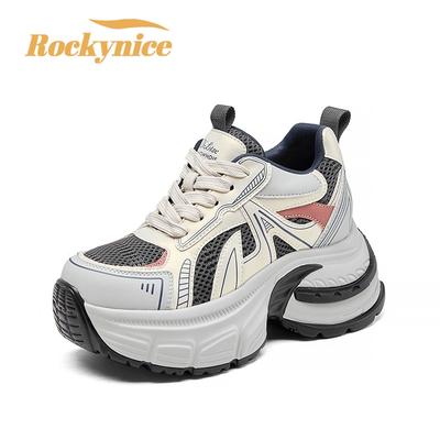 8СМ Женские Новые Осенние Дышащие Кроссовки из Микрофибры с Воздушной Сеткой на Высокой Платформе, Массивные, Модные Клиновидные Каблуки, Повседневная Спортивная Обувь