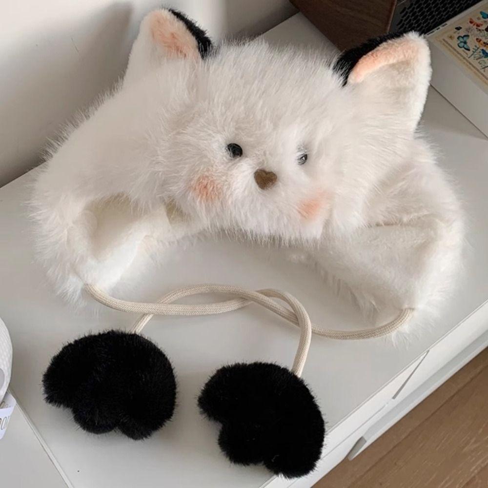 Plush Cute Ear Hat Korean Women Fluffy Hat Vintage Faux Fur Bucket Hat Female