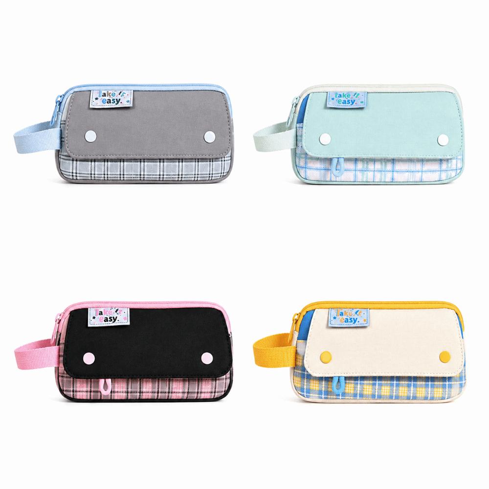 Simple Plaid Style Pencil Case Large Capacity Stationery Organizer Handheld Pen Bag Gifts