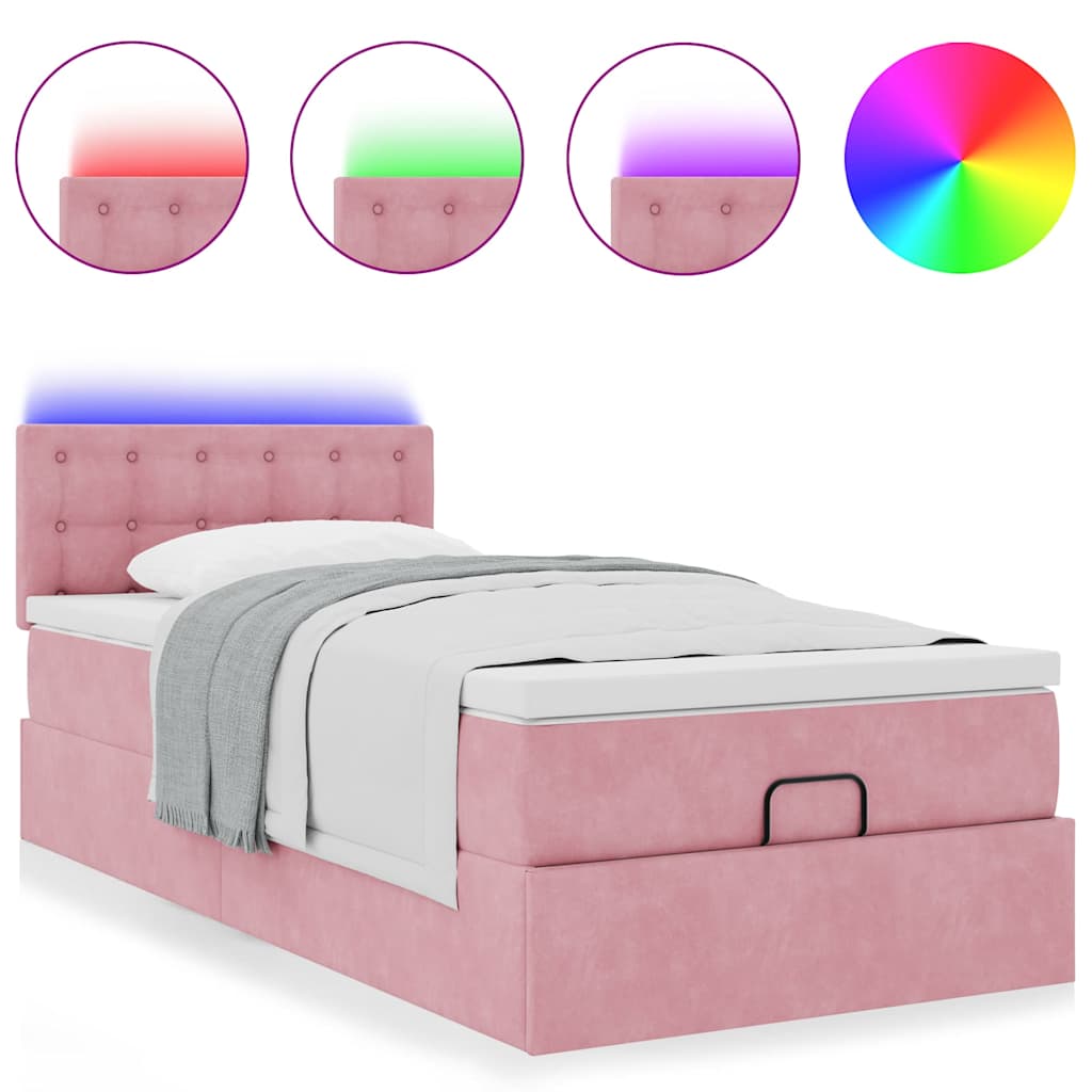 Enjoy restful nights with this ottoman bed with mattress and LED lights in pink 100 x 200 cm velvet fabric