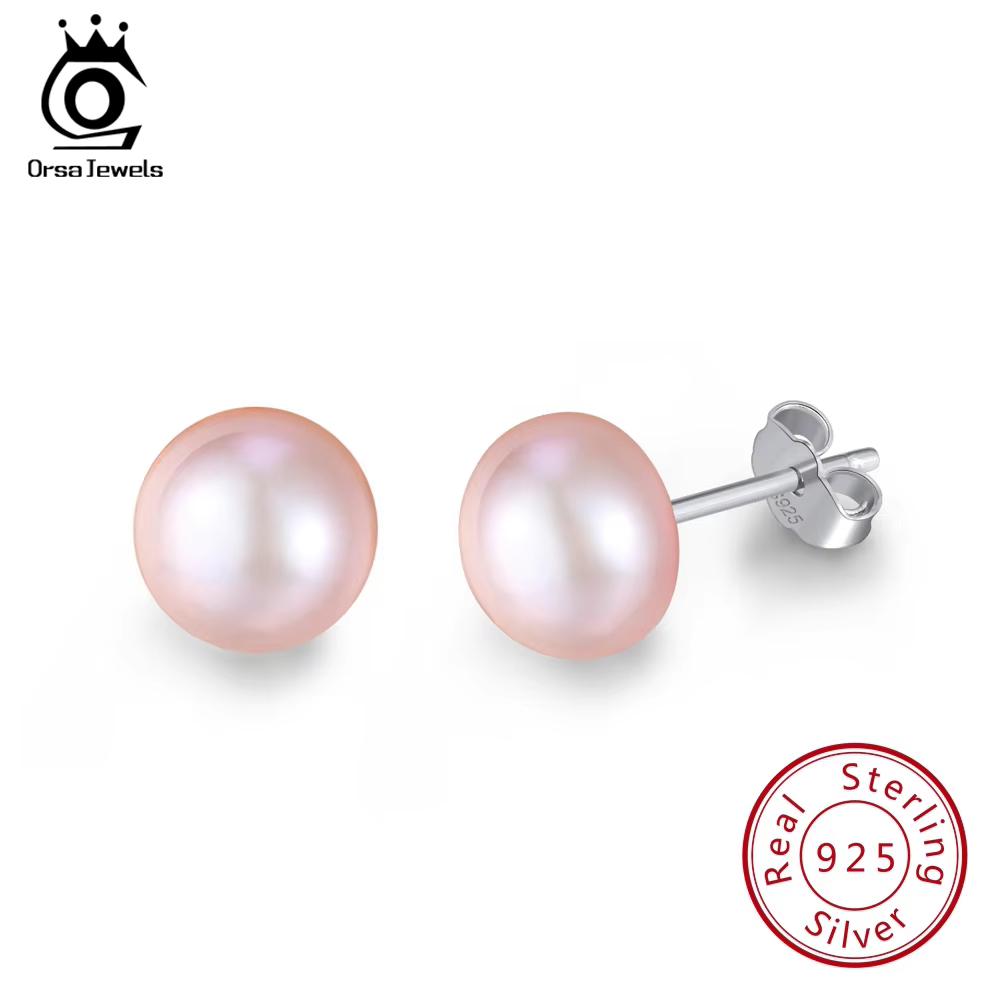ORSA JEWELS Настоящие серебряные серьги-гвоздики 925 пробы для женщин Настоящий пресноводный жемчуг 8 мм Золотистого цвета Женские праздничные украшения SE86