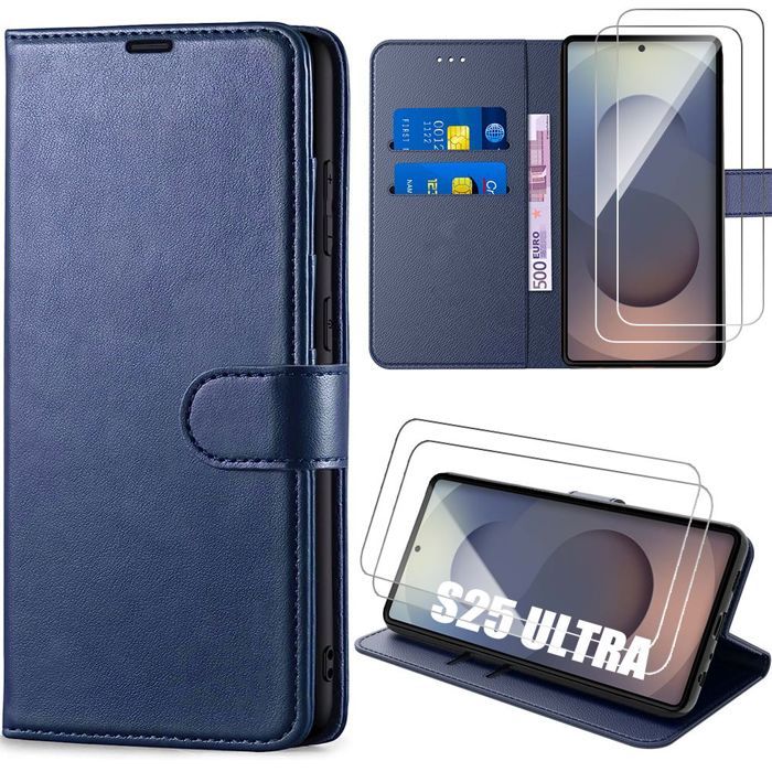 Coque de protection - BOOLING - pour Samsung Galaxy S25 Ultra - Effet Cuir Bleu Marine - 2 Verres Trempés - Antichoc
