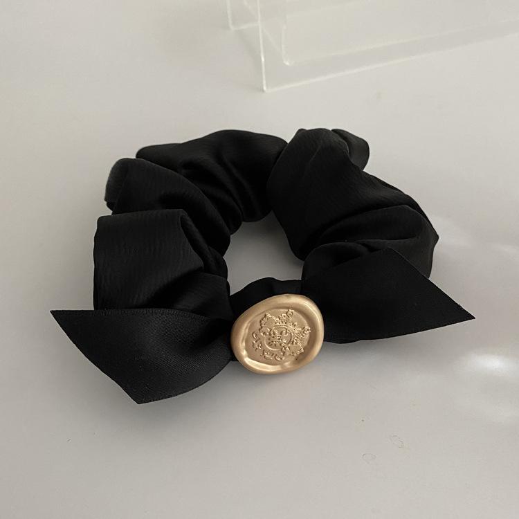 Textured Black & White Bow Hair Ring - Large Korean Style with Satin, Pearl, & Simple Design
