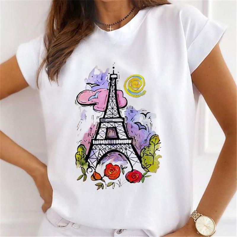 Summer Floral Girl Printed Base Shirt Cute Cartoon Round Neck Plus Size Pure Cotton Short Sleeved Top T-Shirts Women’s