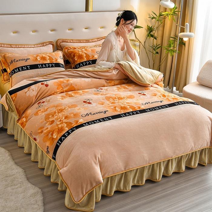 Утолщенный Молочный Флис Четырехпредметный Пододеяльник из Кораллового Флиса, Флисовая Простыня, Двустороннее Флисовое Фланелевое Постельное Белье, Юбка для Кровати