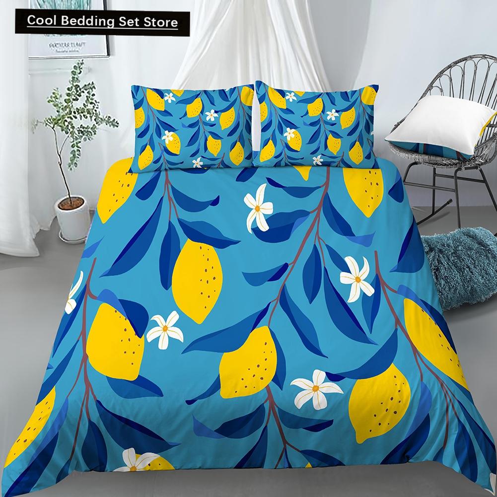 Постельный комплект с принтом лимонов Желто-зеленый Фруктовая тематика Розовый Пододеяльник Размер Кинг/Евро Милый Мультяшный 2/3 шт. Полиэстеровый Чехол для одеяла