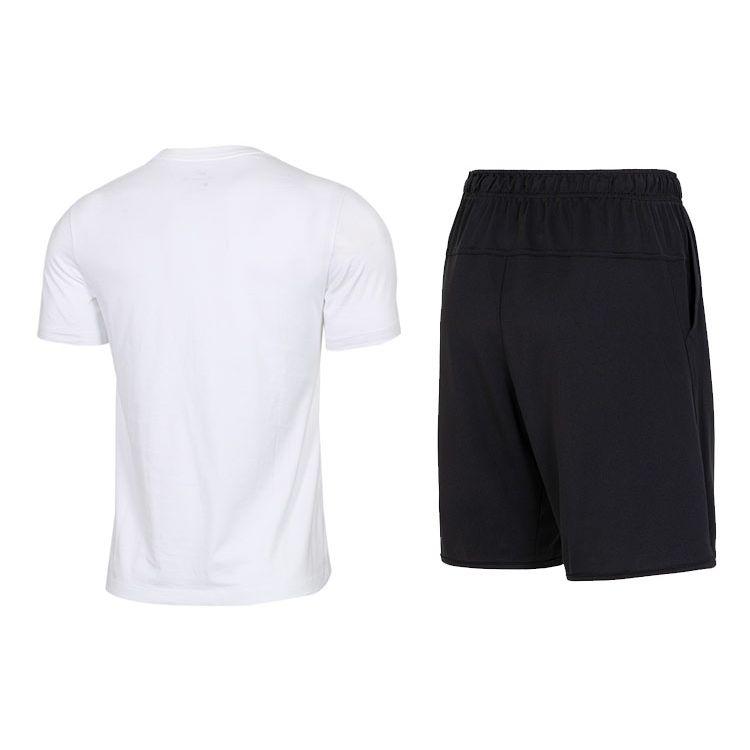 Nike Color Block Letter Logo Print Crew Neck Short Sleeve T-Shirt And Solid Loose Straight Leg Shorts Casual Sports Set Men Sets AR5005-101+DV9329-010