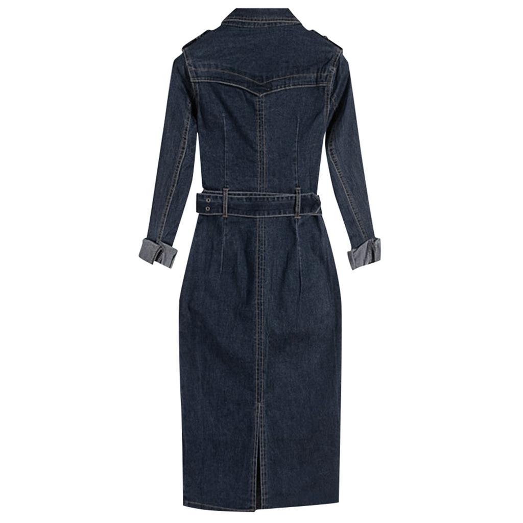 Women Winter Office Slim Jeans Mid-Cuff Dress With Belt For Women Jeans Dress
