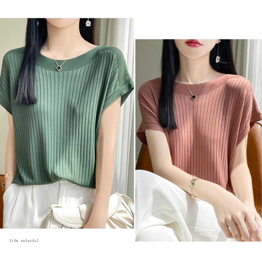 French Sleeve Summer Knit Cut and Sew Thin Ribbed Knit Boat Neck Top Solid Color Spring Summer [jinghuiyue] Women's JJP0073CA-XL