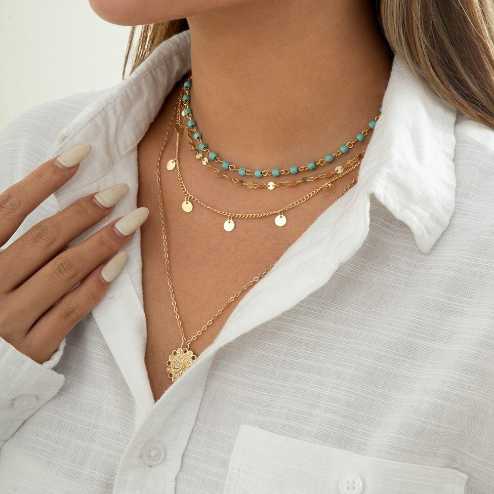 Necklace Set Turquoise Stone Necklace Golden Multi-layer Necklace Retro Jewelry Set Girls