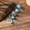 Инкрустированное бирюзой вощеное шнурковое ожерелье рельефный ретро круглый кулон нишевая оригинальная эмалевая бижутерия