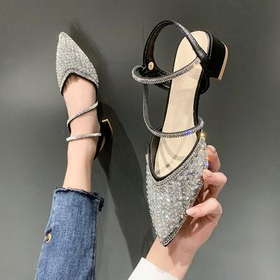 Мода 2025 Новая мода Остроносые туфли на толстом каблуке, Мягкие теплые босоножки с закрытым носком на среднем каблуке в стиле бриллиантов, Женская обувь