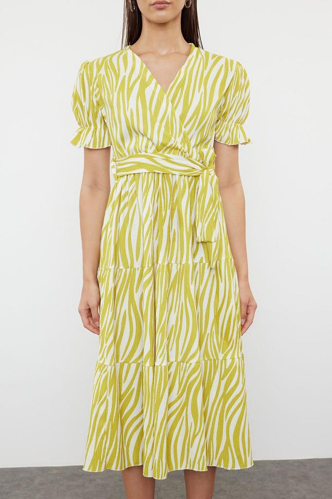 Женское стильное платье, масляно-зеленое платье с принтом, двубортная юбка с поясом, вязаное платье с рюшами