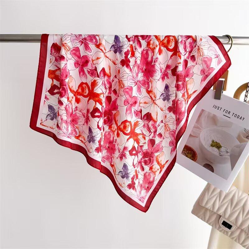 68cm Watercolor Four-leaf Flower Pattern Scarf Women's Spring and Summer New Imitation Silk Scarf Fashion Shawl Headscarf Scarfs