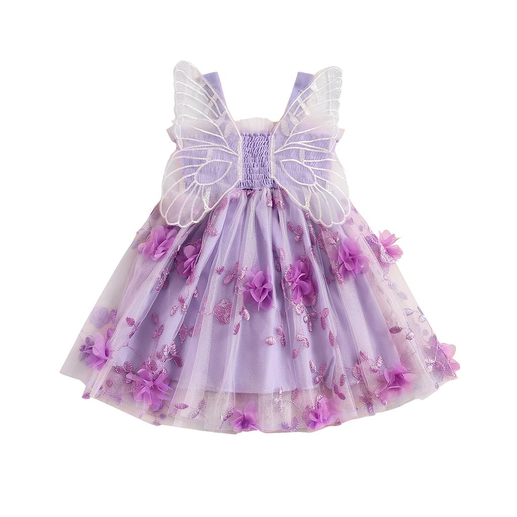 Baby Girls Sleeveless Dress Summer 3D Flowers Cute Tulle A-Line Dress with Butterfly Wing for Beach Party Cute Clothes