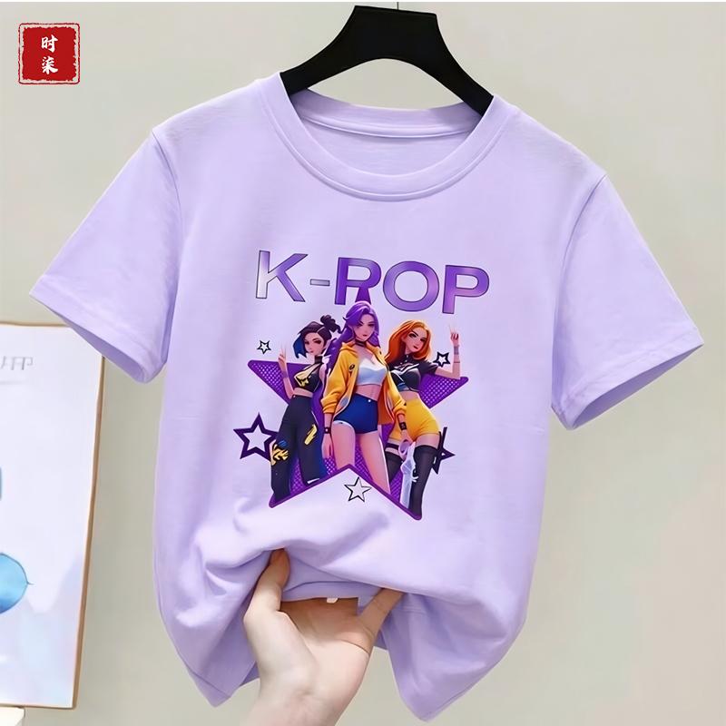 Childrens Kpop Demon Hunter Tshirt girls shortsleeved Tshirt childrens Saja Tshirt childrens casual clothing
