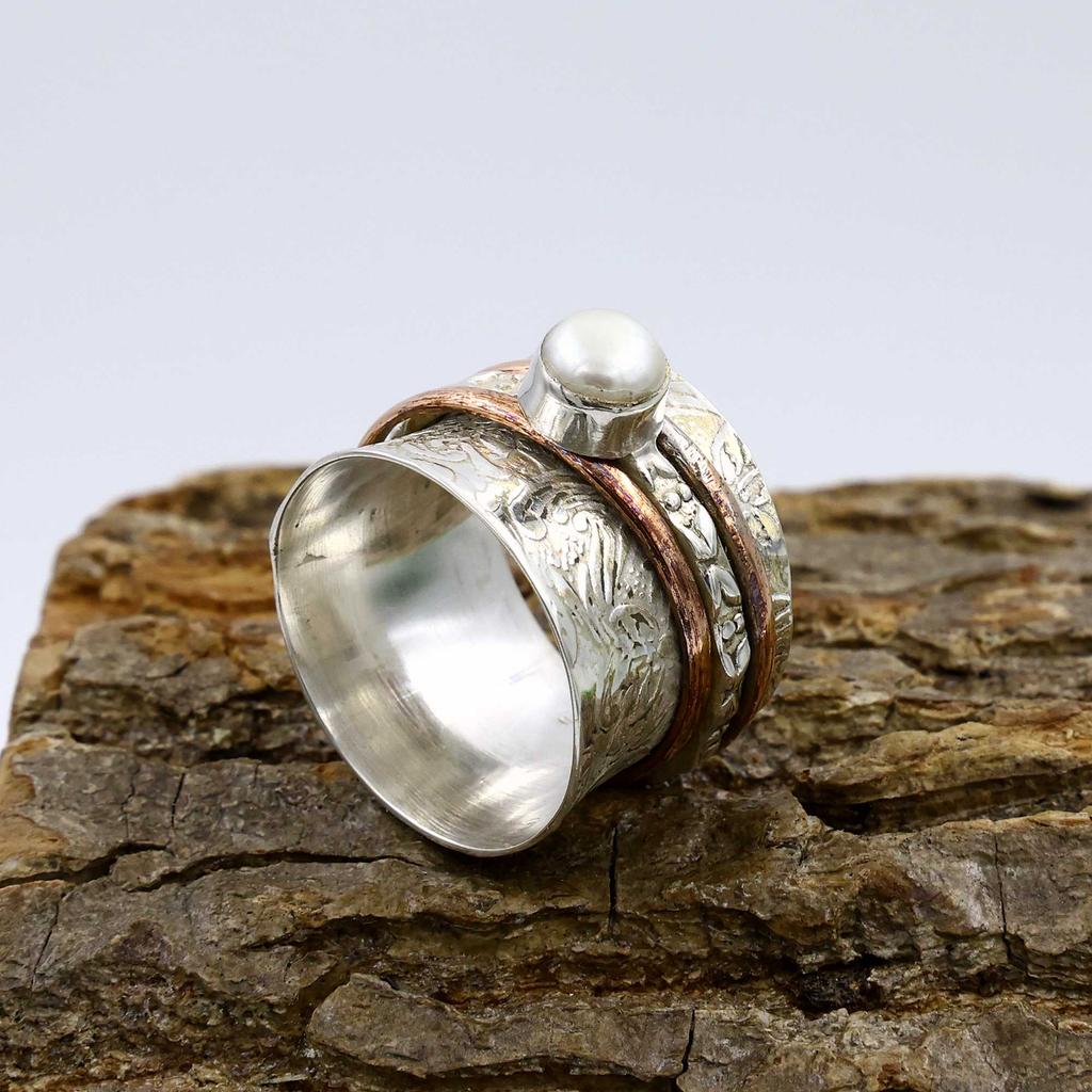 Кольцо из стерлингового серебра 925 пробы, Кольцо с белым жемчугом, Двухцветное кольцо, Кольцо в богемном стиле, Дизайнерское кольцо, Серебряные украшения