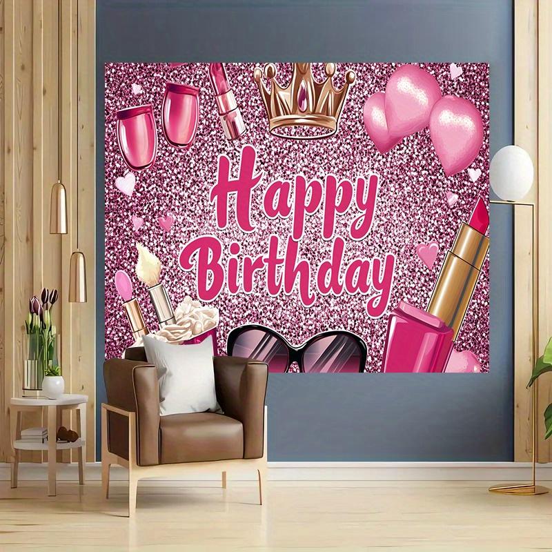 A birthday greeting banner with a shining pink glitter, accompanied by items related to makeup and hairstyling themes