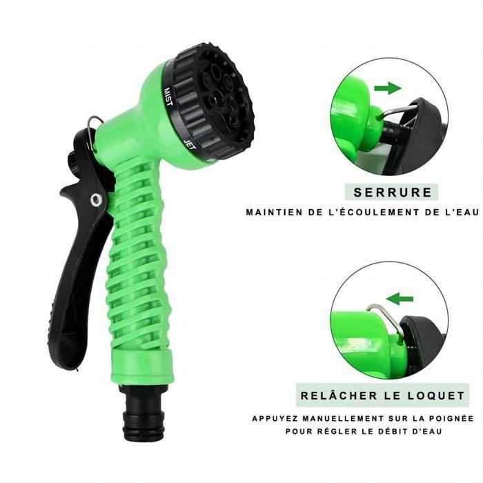Tuyau d'arrosage extensible 15 m (50 ft) - 7 modes, anti-fuite, textile haute densité, vert