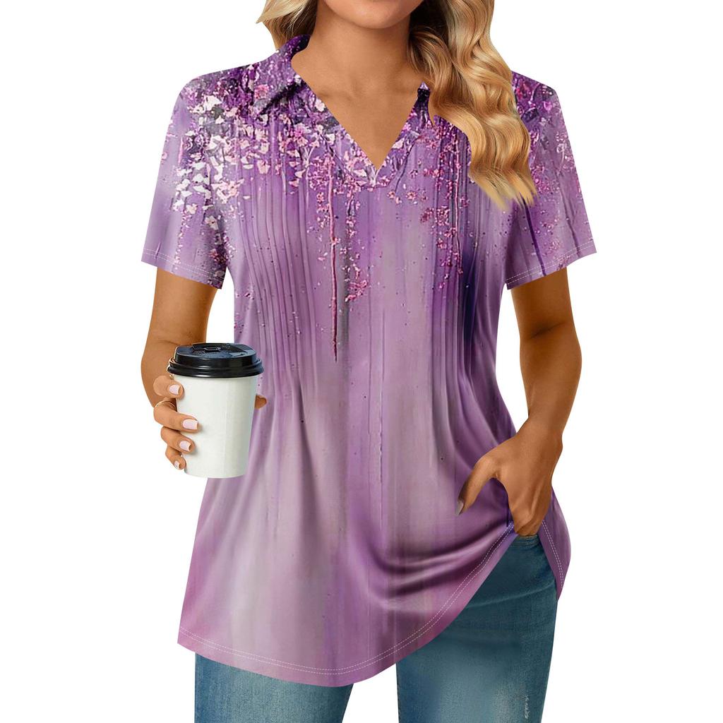Womens Short Sleeve T Shirts Pleated V Neck Printing Tee Collared Summer Tops Fashion Business Casual Work