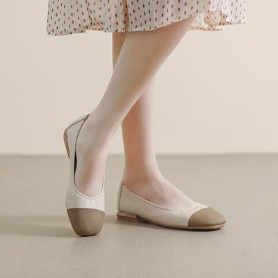 Женские туфли-лодочки с квадратным носком на плоской подошве, новая модель 2025 года, весна-осень, в стиле Сяосянфэн, с цветовой блокировкой, на одной педали, с открытым верхом, универсальные, на мягкой подошве, Доу