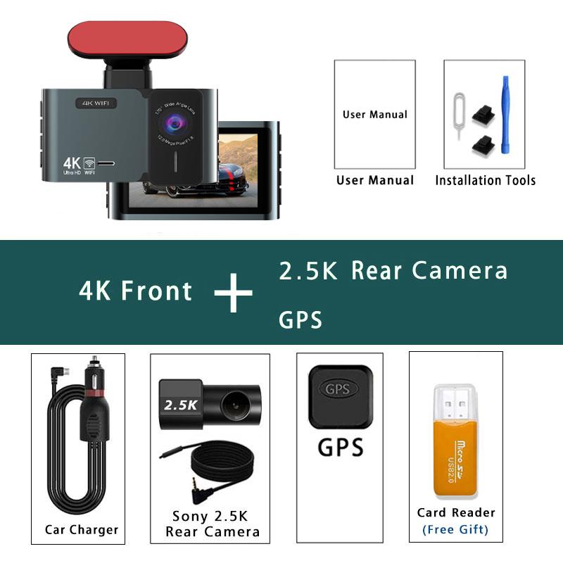 Видеорегистратор 4K + 2.5K 3840*2160P Автомобильный DVR GPS WIFI Двойная камера Автомобильная камера С супер ночным видением G-сенсор 24-часовой мониторинг парковки