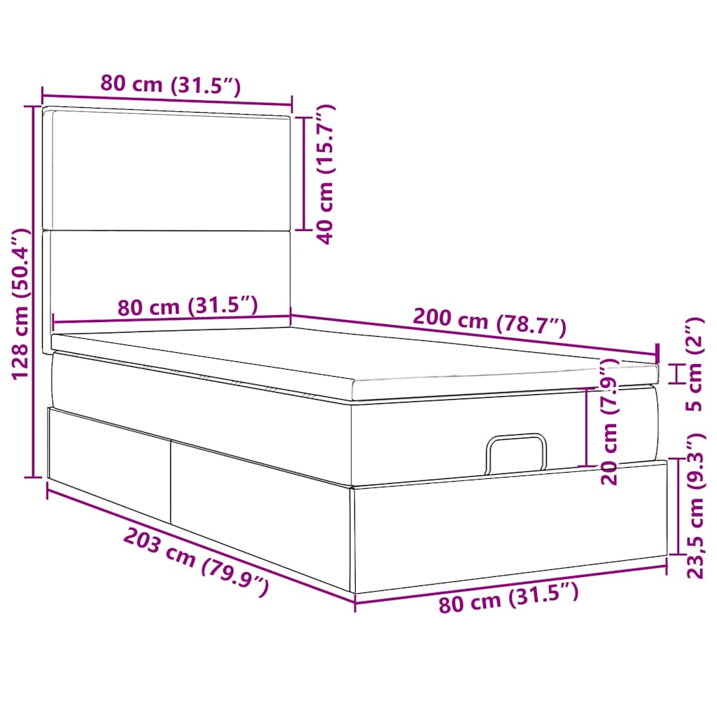 Ottoman Bed with Mattress & LEDs Light Grey 80x200 cm Velvet