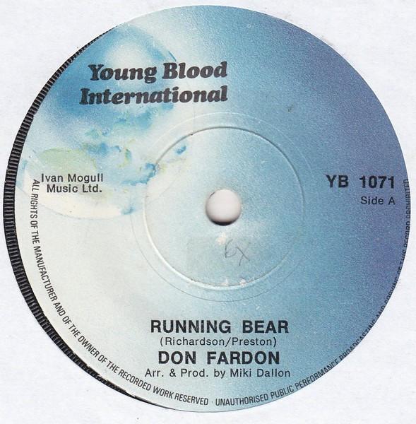 7-дюймовая пластинка DON FARDON - Running Bear YB1071 Young Blood Int 1974 UK Rock Б/у
