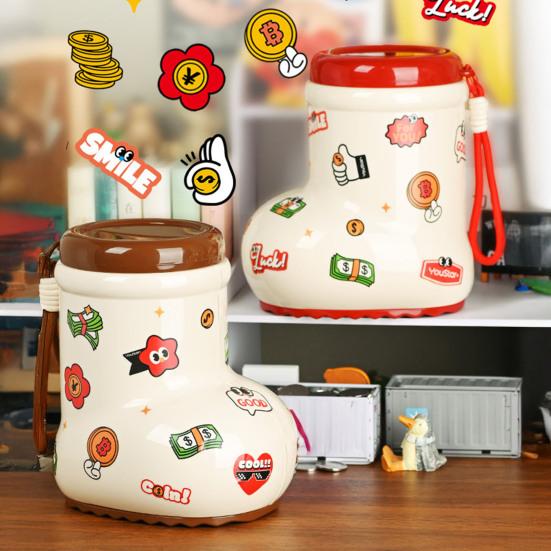 Мультяшная копилка-ботинок с наклейками DIY, контейнер для монет и наличных, для малышей, мальчиков, девочек, копилка для сбережений, домашний офис, настольное украшение