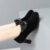 Deep Mouth Block Heels Platform Shoes Women Pumps 2025 Pointed Toe Soft Leather High Heel Office Black Elegant Bow Tie Retro