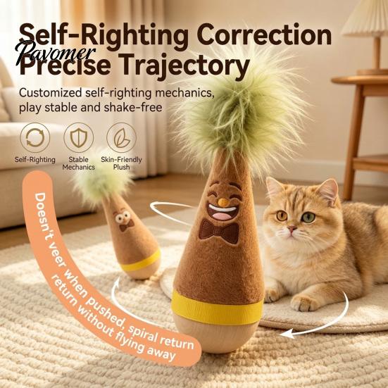 Interactive Exercise Toy for Kittens Wooden Wobble Cat Toy, Self-Righting Tumbler with Feather Indoor Cats, Plush Stable Pets Punching Bag Solid Wood