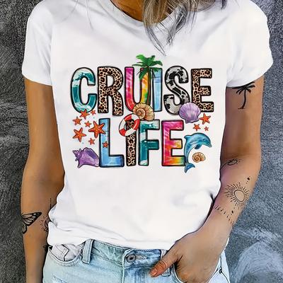 Женская повседневная футболка с принтом Cruise Life Pattern, топы из хлопка с коротким рукавом и круглым вырезом