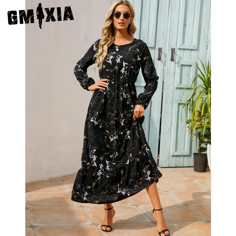 GMXIA Весна Лето Богемный Женское Макси Платье Повседневный Длинный Рукав Высокая Талия Пляжное Платье Женские Цветочные Шифоновые Платья Vestidoes Mujer Новинка