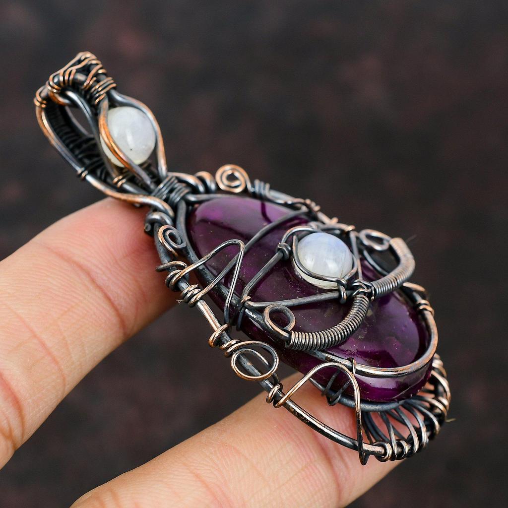 Медный кулон с розовым огненным лабрадоритом, медная проволока, обернутая драгоценным камнем, медные ювелирные изделия, дизайнерский кулон с лунным камнем для женщин