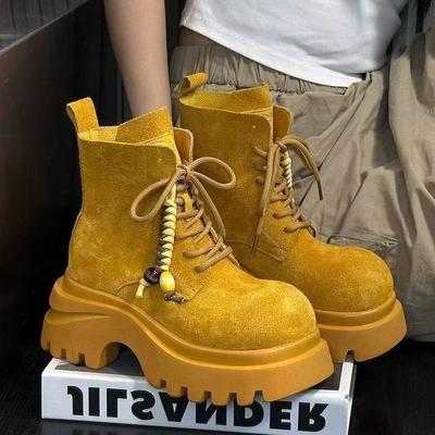 Матовые мягкие кожаные ботинки Мартин на толстой подошве с большой головой-маффином для женщин, новинка осени 2025 года, увеличивающие рост, в стиле локомотив, универсальные, повседневные, модные ботинки