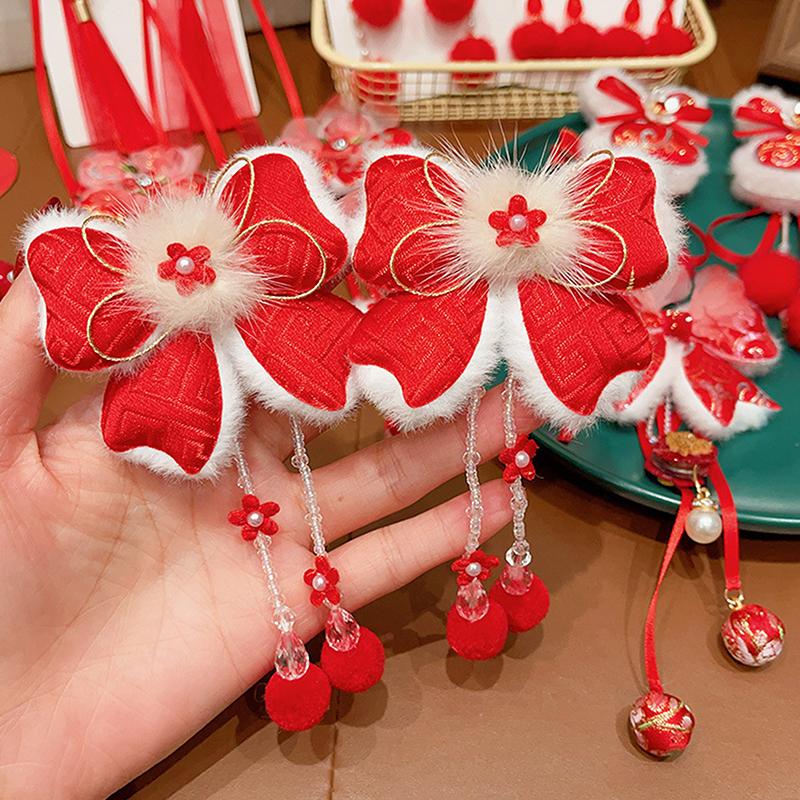 1 пара детских красных заколок-бантов для волос, кавайные аксессуары для волос, заколки для волос с кисточками в виде бабочек, универсальные заколки для волос в старинном стиле