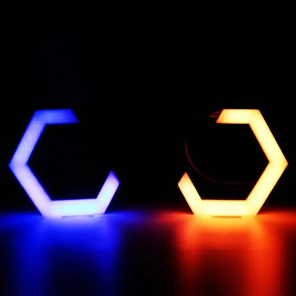 1Set 12V 24V RGB Hexagon Angel Eyes Halo Rings Retrofit Headlight Car Motorcycle Switchback White DRL+Amber Turn Signal Light