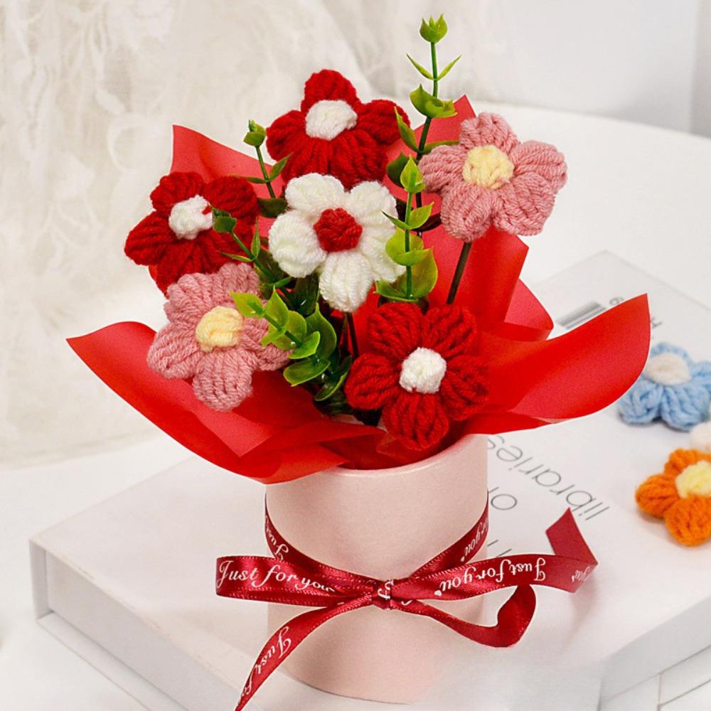 Finished Crochet Flowers Bouquet Cream Puffs Flower Handmade Artificial Flowers Decor Knitted Flower Bouquet