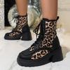 2025 Fall New Arrival Leopard Print Chunky Heel Ankle Boots for Women Lace-Up Thick Sole British Style Plus Size Fashion Boots