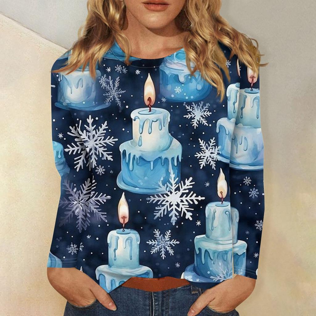 Женская мода повседневная рождественская печать круглый вырез длинный рукав декоративная футболка топ