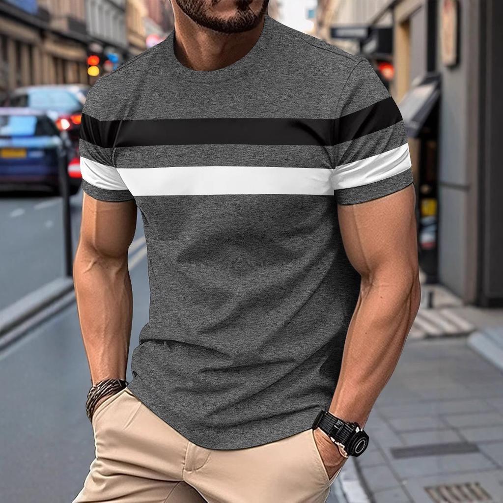 Summer Round Neck Short Sleeved Patchwork Contrasting Base Shirt Pullover Thin Casual Men's T-shirts