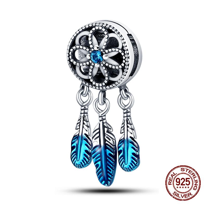 100% оригинальное серебро 925 пробы с перьями, красочные подвески в виде ловца снов, подвески, подходят для оригинальных браслетов 925, ювелирные изделия своими руками