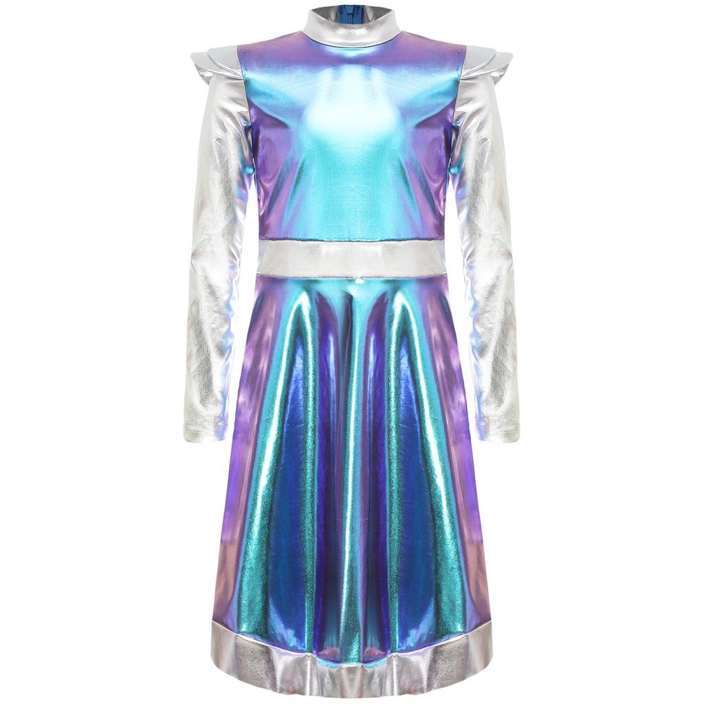 Костюм Космическая Милашка для Девочки: Мерцающее Пэчворк-платье с инопланетным дизайном из ПУ для Хэллоуина и Sci-Fi Ролевых Вечеринок