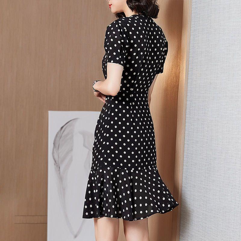 Summer New Hepburn Style Lotus Leaf Edge Skirt Women's Loose Temperament V-neck Fashionable Polka Dot Dress