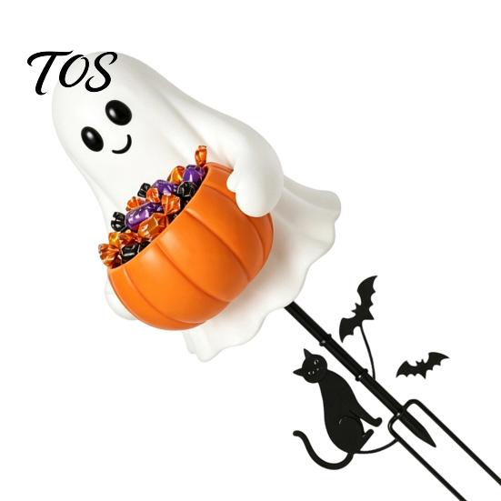 Weather Resistant Halloween Yard Art Ghost Candy Holder Garden Stake, Cute Glowing with Pumpkin Bowl, Figurine Metal Bracket Outdoor Sign for