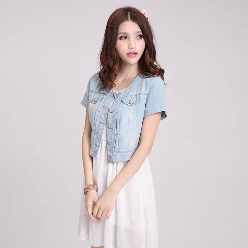 Summer Women's Denim Shorts Blue Jacket Ladies Korean Short-sleeve Loose Fit Slim O-Neck Thin Shawl Denim Caot Thin Tops