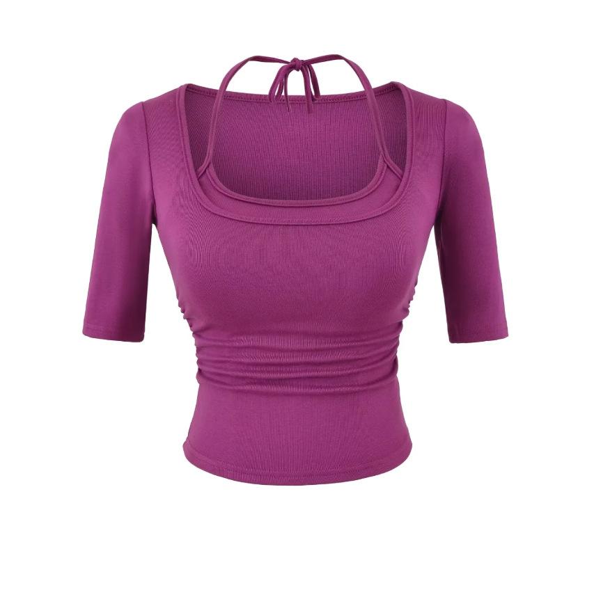 Fake two pieces neck middle sleeve T-shirt women's summer new American Spice Girl style solid color slim fit top with chest pad