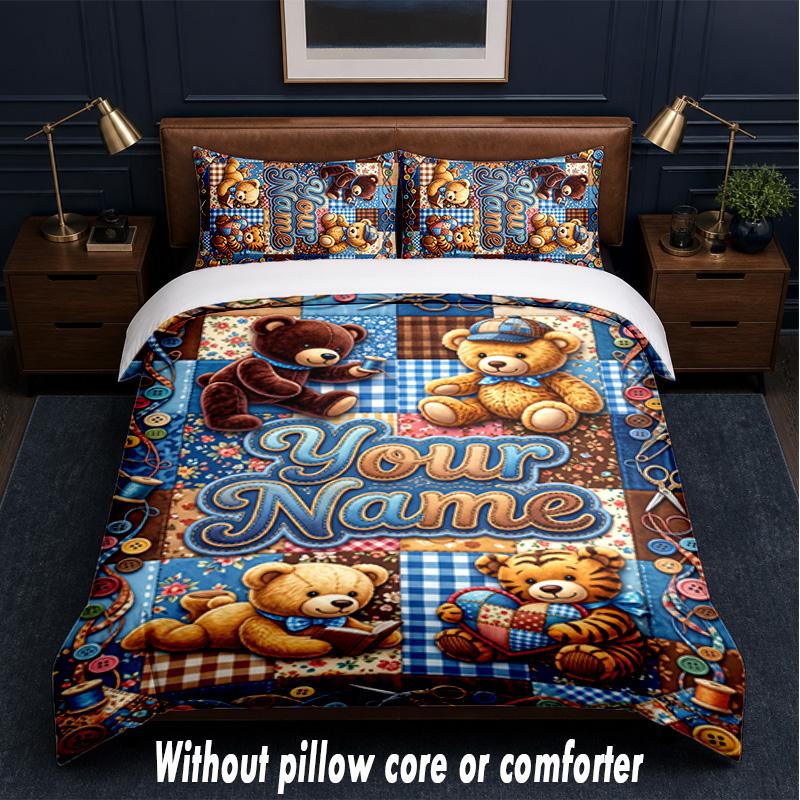 Teddy Bear Theme Custom Text Or Name 3Pcs Bedding Set,1 Flat Sheet & 2 Pillowcases Personalized Home Bedding